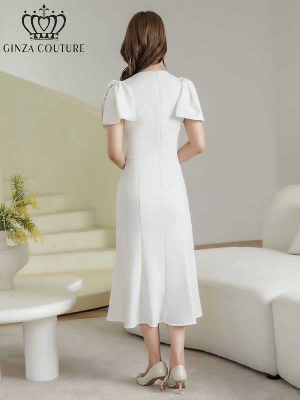 画像3: [送料無料][GINZA COUTURE]ホワイト・ブラック・ワンカラー・シンプル・肩リボン・ラインストーン・タイト・マーメイド・ミディアムドレス・ワンピース[即日発送][大きいサイズあり] (3)