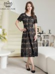 画像1: [送料無料][GINZA COUTURE]ブラック・総レース・ビジューボタン・半袖・フェイクポケット・Aライン・ミディアムドレス・ワンピース[即日発送][大きいサイズあり] (1)