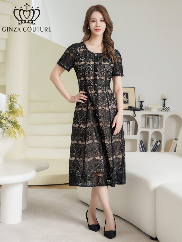 画像1: [送料無料][GINZA COUTURE]ブラック・総レース・ビジューボタン・半袖・フェイクポケット・Aライン・ミディアムドレス・ワンピース[即日発送][大きいサイズあり] (1)