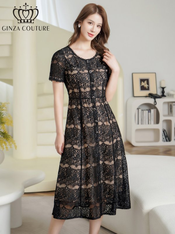 画像2: [送料無料][GINZA COUTURE]ブラック・総レース・ビジューボタン・半袖・フェイクポケット・Aライン・ミディアムドレス・ワンピース[即日発送][大きいサイズあり] (2)