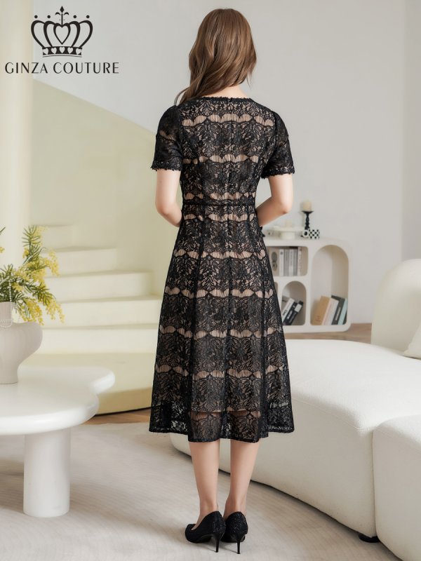 画像3: [送料無料][GINZA COUTURE]ブラック・総レース・ビジューボタン・半袖・フェイクポケット・Aライン・ミディアムドレス・ワンピース[即日発送][大きいサイズあり] (3)