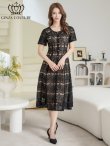 画像5: [送料無料][GINZA COUTURE]ブラック・総レース・ビジューボタン・半袖・フェイクポケット・Aライン・ミディアムドレス・ワンピース[即日発送][大きいサイズあり] (5)