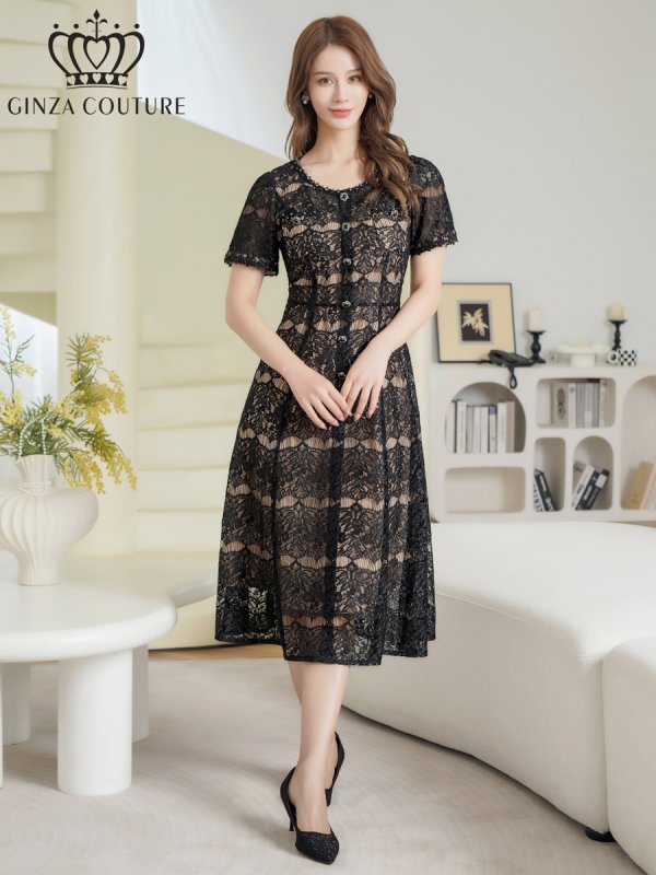 画像5: [送料無料][GINZA COUTURE]ブラック・総レース・ビジューボタン・半袖・フェイクポケット・Aライン・ミディアムドレス・ワンピース[即日発送][大きいサイズあり] (5)