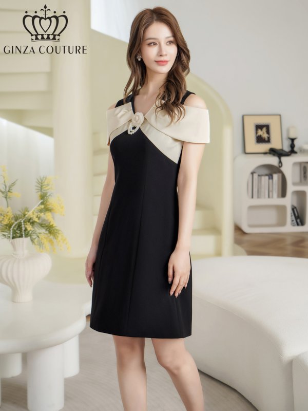 画像2: [送料無料][GINZA COUTURE]ブラック×アイボリー・バイカラー・オフショルダー・Vネック・ラワーコサージュ・パール・Aライン・ミニドレス・ワンピース[即日発送][大きいサイズあり] (2)