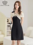 画像5: [送料無料][GINZA COUTURE]ブラック×アイボリー・バイカラー・オフショルダー・Vネック・ラワーコサージュ・パール・Aライン・ミニドレス・ワンピース[即日発送][大きいサイズあり] (5)