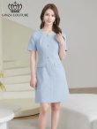 画像2: [送料無料][GINZA COUTURE]ブルー・ピンク・ワンカラー・半袖・Aライン・お花ボタン・シンプル・ミニドレス・ワンピース[即日発送][大きいサイズあり] (2)