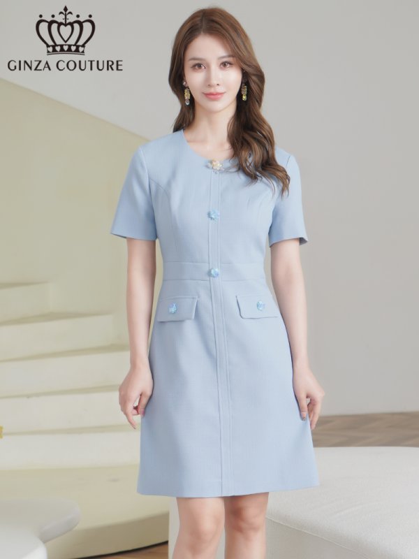 画像6: [送料無料][GINZA COUTURE]ブルー・ピンク・ワンカラー・半袖・Aライン・お花ボタン・シンプル・ミニドレス・ワンピース[即日発送][大きいサイズあり] (6)