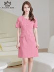 画像2: [送料無料][GINZA COUTURE]ピンク・ブルー・ワンカラー・半袖・Aライン・お花ボタン・シンプル・ミニドレス・ワンピース[即日発送][大きいサイズあり] (2)