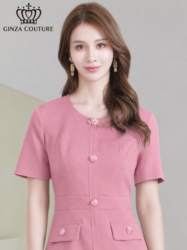 画像4: [送料無料][GINZA COUTURE]ピンク・ブルー・ワンカラー・半袖・Aライン・お花ボタン・シンプル・ミニドレス・ワンピース[即日発送][大きいサイズあり] (4)