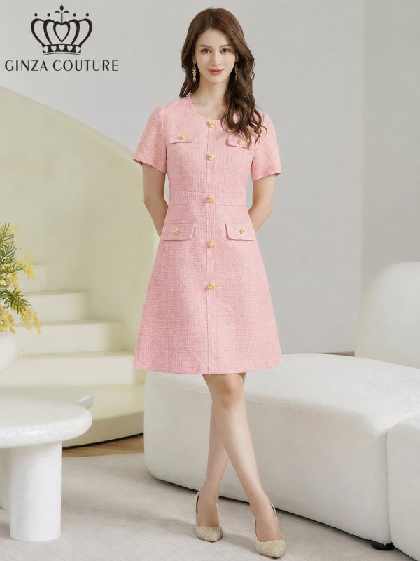 画像7: [送料無料][GINZA COUTURE]イエロー・ピンク・ワンカラー・半袖・Aライン・お花ボタン・フェイクポケット・ミニドレス・ワンピース[即日発送][大きいサイズあり] (7)