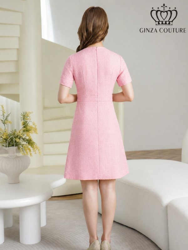 画像9: [送料無料][GINZA COUTURE]イエロー・ピンク・ワンカラー・半袖・Aライン・お花ボタン・フェイクポケット・ミニドレス・ワンピース[即日発送][大きいサイズあり] (9)