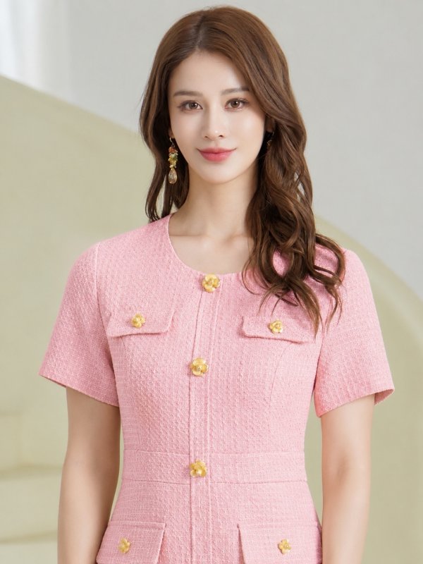 画像10: [送料無料][GINZA COUTURE]イエロー・ピンク・ワンカラー・半袖・Aライン・お花ボタン・フェイクポケット・ミニドレス・ワンピース[即日発送][大きいサイズあり] (10)