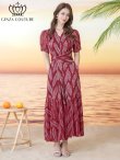 画像1: [送料無料][GINZA COUTURE]レッド・リーフ柄・プリント・Vネック・半袖・ベルト付き・Aライン・ロングドレス[即日発送][大きいサイズあり] (1)