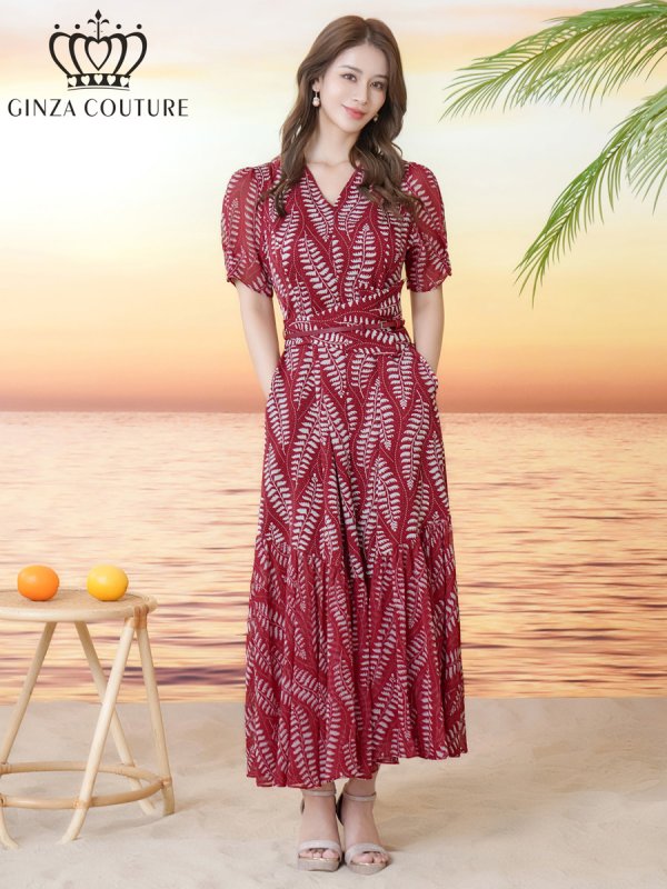 画像1: [送料無料][GINZA COUTURE]レッド・リーフ柄・プリント・Vネック・半袖・ベルト付き・Aライン・ロングドレス[即日発送][大きいサイズあり] (1)