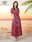 画像2: [送料無料][GINZA COUTURE]レッド・リーフ柄・プリント・Vネック・半袖・ベルト付き・Aライン・ロングドレス[即日発送][大きいサイズあり] (2)