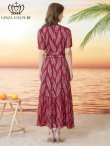 画像3: [送料無料][GINZA COUTURE]レッド・リーフ柄・プリント・Vネック・半袖・ベルト付き・Aライン・ロングドレス[即日発送][大きいサイズあり] (3)