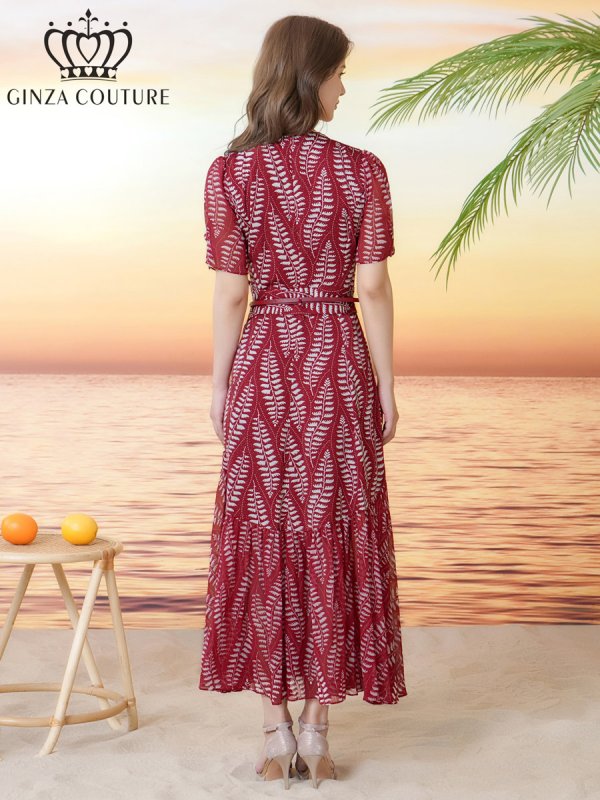 画像3: [送料無料][GINZA COUTURE]レッド・リーフ柄・プリント・Vネック・半袖・ベルト付き・Aライン・ロングドレス[即日発送][大きいサイズあり] (3)