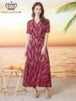 画像5: [送料無料][GINZA COUTURE]レッド・リーフ柄・プリント・Vネック・半袖・ベルト付き・Aライン・ロングドレス[即日発送][大きいサイズあり] (5)