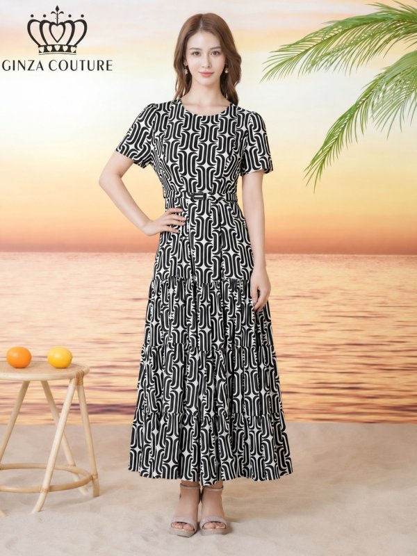画像7: [送料無料][GINZA COUTURE]レッド・ブラック・柄物・プリント・ラウンドネック・半袖・ベルト付き・ポケット・Aライン・ティアード・フレア・ロングドレス[即日発送][大きいサイズあり] (7)