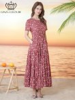 画像1: [送料無料][GINZA COUTURE]レッド・ブラック・柄物・プリント・ラウンドネック・半袖・ベルト付き・ポケット・Aライン・ティアード・フレア・ロングドレス[即日発送][大きいサイズあり] (1)