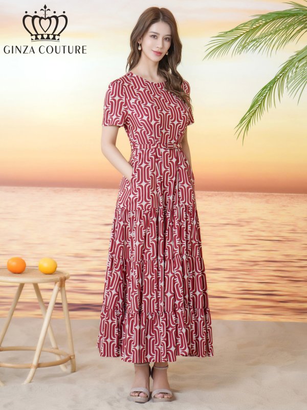 画像1: [送料無料][GINZA COUTURE]レッド・ブラック・柄物・プリント・ラウンドネック・半袖・ベルト付き・ポケット・Aライン・ティアード・フレア・ロングドレス[即日発送][大きいサイズあり] (1)