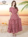 画像2: [送料無料][GINZA COUTURE]レッド・ブラック・柄物・プリント・ラウンドネック・半袖・ベルト付き・ポケット・Aライン・ティアード・フレア・ロングドレス[即日発送][大きいサイズあり] (2)