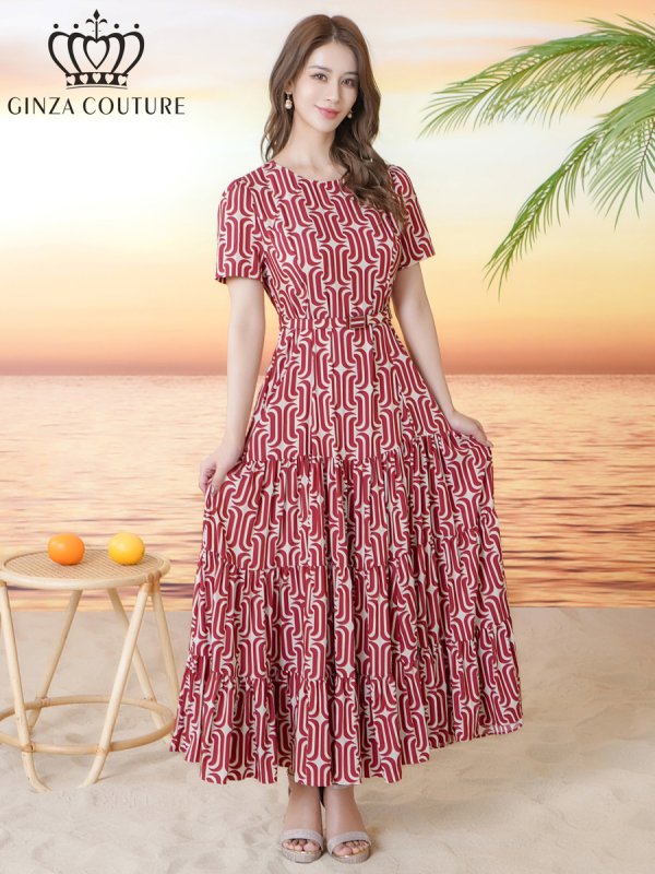 画像2: [送料無料][GINZA COUTURE]レッド・ブラック・柄物・プリント・ラウンドネック・半袖・ベルト付き・ポケット・Aライン・ティアード・フレア・ロングドレス[即日発送][大きいサイズあり] (2)