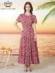 画像5: [送料無料][GINZA COUTURE]レッド・ブラック・柄物・プリント・ラウンドネック・半袖・ベルト付き・ポケット・Aライン・ティアード・フレア・ロングドレス[即日発送][大きいサイズあり] (5)