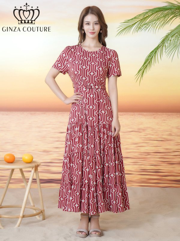 画像5: [送料無料][GINZA COUTURE]レッド・ブラック・柄物・プリント・ラウンドネック・半袖・ベルト付き・ポケット・Aライン・ティアード・フレア・ロングドレス[即日発送][大きいサイズあり] (5)