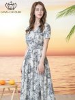 画像2: [送料無料][GINZA COUTURE]アイボリー×ブラック・アイボリー×レッド・柄物・Vネック・半袖・ベルト付き・ポケット・Aライン・フレア・ロングドレス[即日発送][大きいサイズあり] (2)