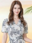 画像4: [送料無料][GINZA COUTURE]アイボリー×ブラック・アイボリー×レッド・柄物・Vネック・半袖・ベルト付き・ポケット・Aライン・フレア・ロングドレス[即日発送][大きいサイズあり] (4)