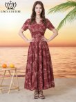 画像7: [送料無料][GINZA COUTURE]アイボリー×ブラック・アイボリー×レッド・柄物・Vネック・半袖・ベルト付き・ポケット・Aライン・フレア・ロングドレス[即日発送][大きいサイズあり] (7)