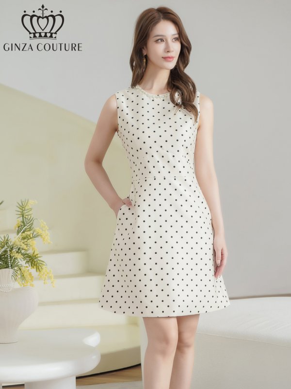 画像1: [送料無料][GINZA COUTURE]ホワイト・ドット柄・スパンコール・ラインストーン・ポケット・ノースリーブ・Aライン・ミニドレス・ワンピース[即日発送][大きいサイズあり] (1)