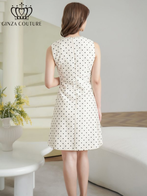 画像3: [送料無料][GINZA COUTURE]ホワイト・ドット柄・スパンコール・ラインストーン・ポケット・ノースリーブ・Aライン・ミニドレス・ワンピース[即日発送][大きいサイズあり] (3)