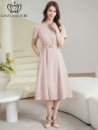 画像1: [送料無料][GINZA COUTURE]ピンク・ネイビー・ジャガード・花柄・半袖・ベルト付き・Aライン・フレア・ミディアムドレス・ワンピース[即日発送][大きいサイズあり] (1)