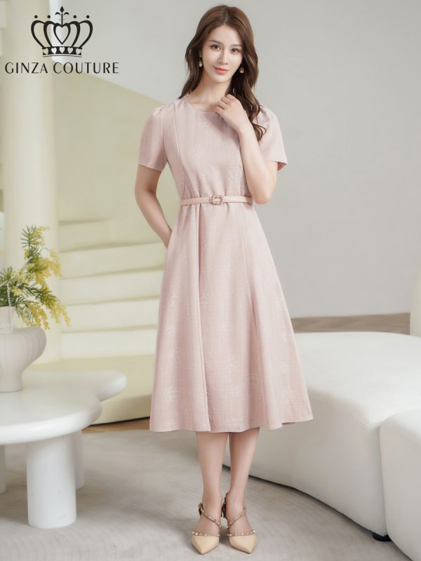 画像1: [送料無料][GINZA COUTURE]ピンク・ネイビー・ジャガード・花柄・半袖・ベルト付き・Aライン・フレア・ミディアムドレス・ワンピース[即日発送][大きいサイズあり] (1)
