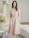 画像2: [送料無料][GINZA COUTURE]ピンク・ネイビー・ジャガード・花柄・半袖・ベルト付き・Aライン・フレア・ミディアムドレス・ワンピース[即日発送][大きいサイズあり] (2)