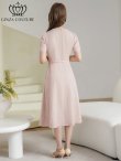 画像3: [送料無料][GINZA COUTURE]ピンク・ネイビー・ジャガード・花柄・半袖・ベルト付き・Aライン・フレア・ミディアムドレス・ワンピース[即日発送][大きいサイズあり] (3)