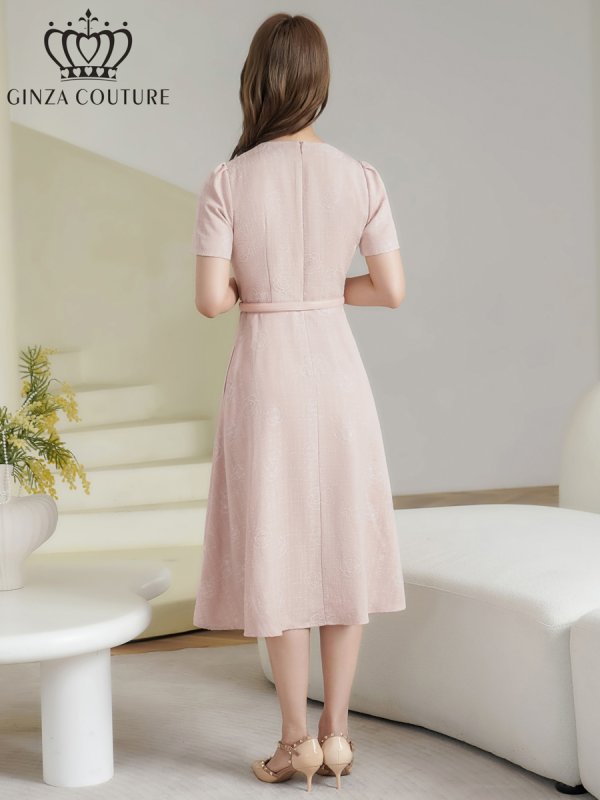 画像3: [送料無料][GINZA COUTURE]ピンク・ネイビー・ジャガード・花柄・半袖・ベルト付き・Aライン・フレア・ミディアムドレス・ワンピース[即日発送][大きいサイズあり] (3)
