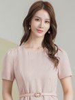 画像4: [送料無料][GINZA COUTURE]ピンク・ネイビー・ジャガード・花柄・半袖・ベルト付き・Aライン・フレア・ミディアムドレス・ワンピース[即日発送][大きいサイズあり] (4)