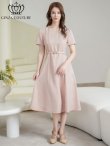 画像5: [送料無料][GINZA COUTURE]ピンク・ネイビー・ジャガード・花柄・半袖・ベルト付き・Aライン・フレア・ミディアムドレス・ワンピース[即日発送][大きいサイズあり] (5)