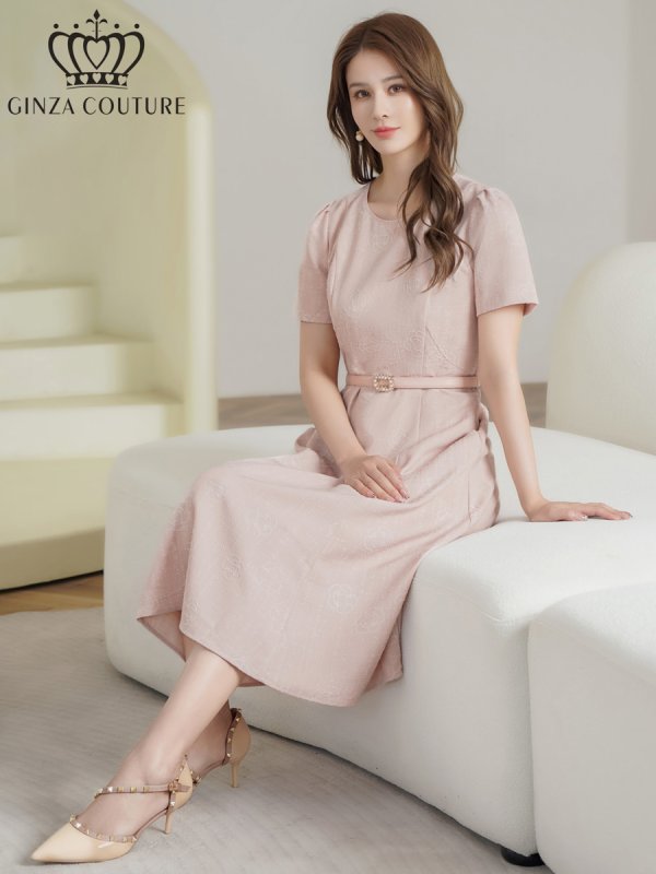 画像6: [送料無料][GINZA COUTURE]ピンク・ネイビー・ジャガード・花柄・半袖・ベルト付き・Aライン・フレア・ミディアムドレス・ワンピース[即日発送][大きいサイズあり] (6)