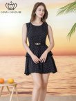 画像2: [送料無料][GINZA COUTURE]ブラック・プリント・ドット柄・ベルト付き・ティアード・フレア・Aライン・ノースリーブ・ミニドレス・ワンピース[即日発送][大きいサイズあり] (2)