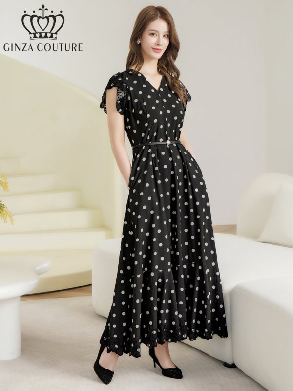 画像2: [送料無料][GINZA COUTURE]ブラック・プリント・ドット柄・Vネック・フレンチスリーブ・ベルト付き・ポケット・ティアード・Aライン・レース切替・ロングドレス[即日発送][大きいサイズあり] (2)