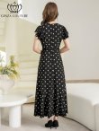 画像3: [送料無料][GINZA COUTURE]ブラック・プリント・ドット柄・Vネック・フレンチスリーブ・ベルト付き・ポケット・ティアード・Aライン・レース切替・ロングドレス[即日発送][大きいサイズあり] (3)