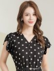 画像4: [送料無料][GINZA COUTURE]ブラック・プリント・ドット柄・Vネック・フレンチスリーブ・ベルト付き・ポケット・ティアード・Aライン・レース切替・ロングドレス[即日発送][大きいサイズあり] (4)