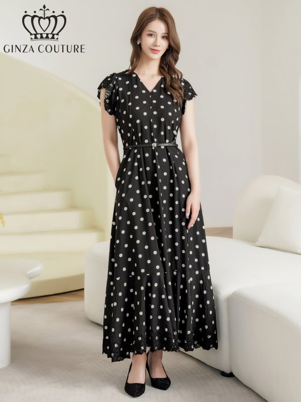 画像5: [送料無料][GINZA COUTURE]ブラック・プリント・ドット柄・Vネック・フレンチスリーブ・ベルト付き・ポケット・ティアード・Aライン・レース切替・ロングドレス[即日発送][大きいサイズあり] (5)