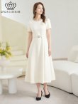画像7: [送料無料][GINZA COUTURE]ネイビー・アイボリー・ピンク・ワンカラー・シンプル・フラワーモチーフ・半袖・ベルト付き・Aライン・フレア・ミディアムドレス・ワンピース[即日発送][大きいサイズあり] (7)