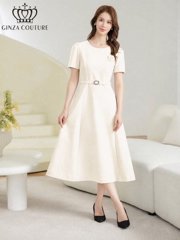 画像2: [送料無料][GINZA COUTURE]アイボリー・ピンク・ネイビー・ワンカラー・シンプル・フラワーモチーフ・半袖・ベルト付き・Aライン・フレア・ミディアムドレス・ワンピース[即日発送][大きいサイズあり] (2)