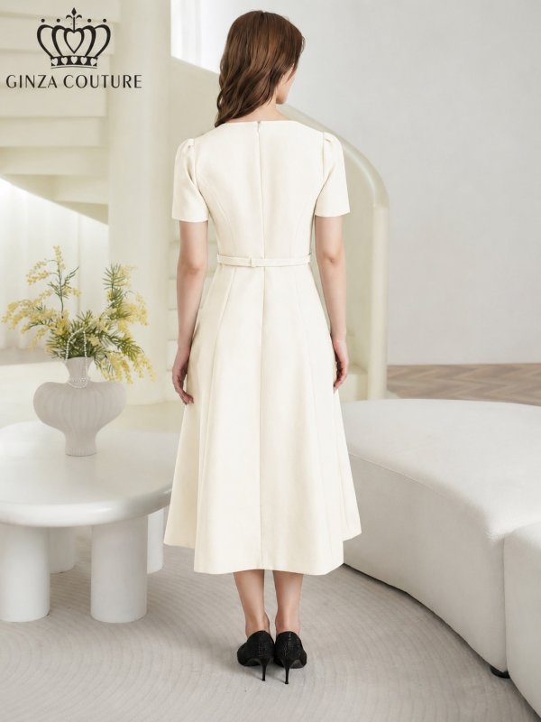 画像3: [送料無料][GINZA COUTURE]アイボリー・ピンク・ネイビー・ワンカラー・シンプル・フラワーモチーフ・半袖・ベルト付き・Aライン・フレア・ミディアムドレス・ワンピース[即日発送][大きいサイズあり] (3)